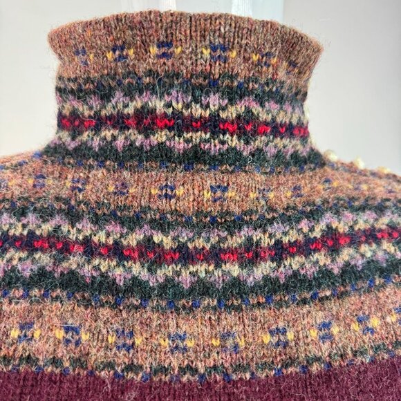 Ralph Lauren 80 Womens Fair Isle Wool Sweater L Maroon & Multi High Neck Button - Picture 5 of 16